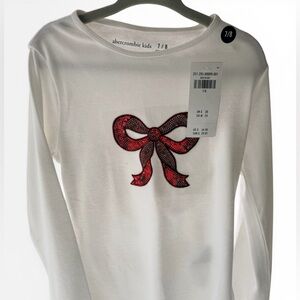 NWT abercrombie kids White Long-Sleeve Tee with Red Sequin Bow size 7/8